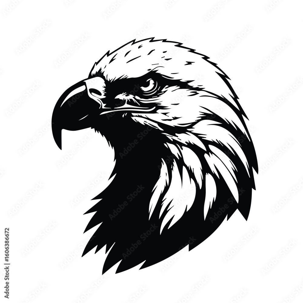Fototapeta premium Black and white graphic of an eagle's head in profile view. Detailed illustration of majestic bird in a bold, stylized silhouette, suitable for use in logo designs or graphic arts.