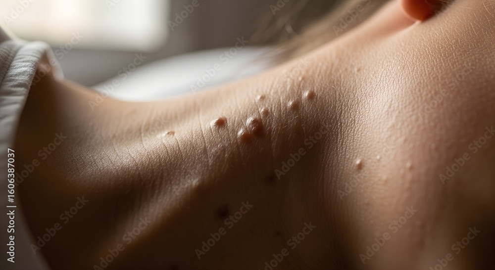 Fototapeta premium Close-up of skin with acne on neck in natural light indoors 