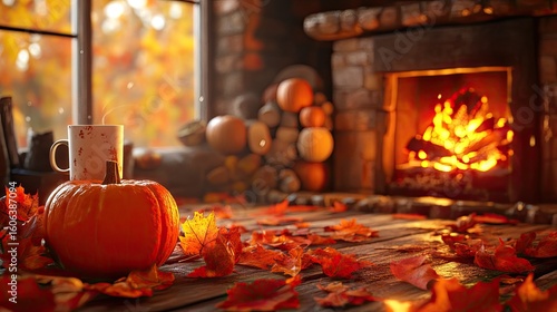 A cozy autumn scene with colorful fallen leaves, pumpkins, and a warm drink in front of a crackling fire. A cozy autumn scene with fallen leaves, pumpkins, and a warm drink by the fire.
