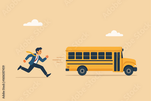 Businessman Chasing School Bus – Cartoon Missed Opportunity Concept