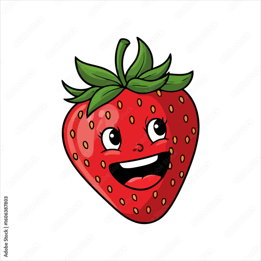 Obraz premium Art & IllustrationVector illustration of a cute strawberry with a happy facial expression in a simple flat style.