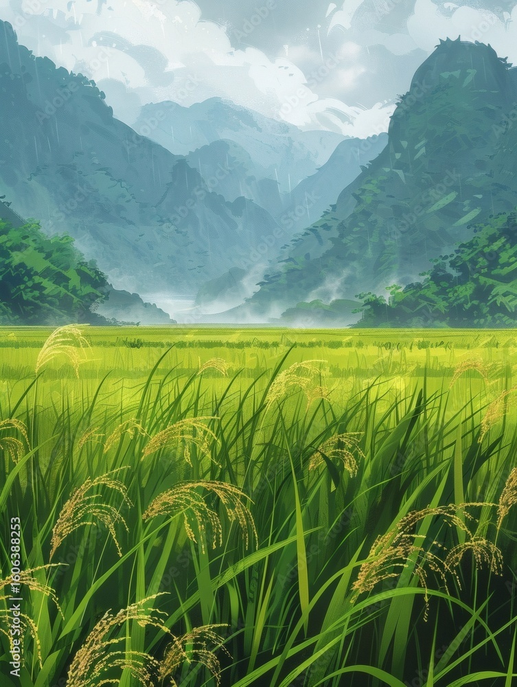 Obraz premium The monsoon breeze sweeps over the rice fields, causing the rice ears to sway gently