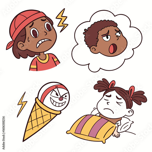 Cartoon illustrations representing anxiety stress and other negative emotions in children with a scary ice cream cone