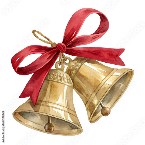 Watercolor Christmas Bells with Red Ribbon Holiday Illustration on Transparent Background