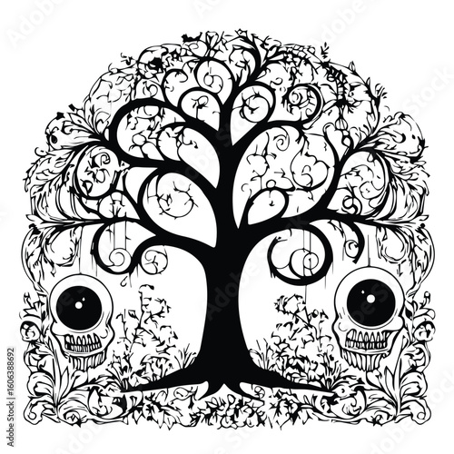 Ornamental black and white tree with gothic elements featuring skulls and eyes in a decorative setting. Stylized design with intricate details in a whimsical, surreal manner.