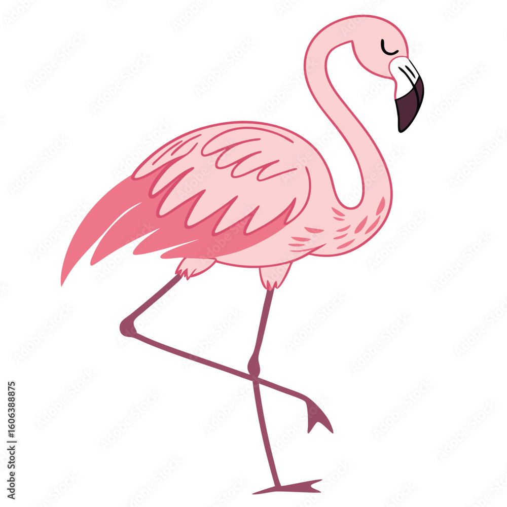 Obraz premium Cute cartoon illustration of a pink flamingo standing gracefully with its head tilted and eyes closed, showcasing elegant bird