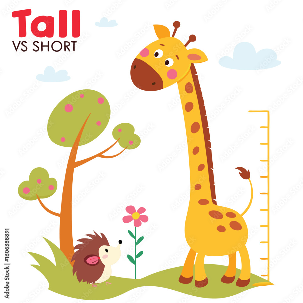 Fototapeta premium Cute cartoon illustration comparing tall and short with a giraffe and hedgehog next to a measurement chart in a playful style.