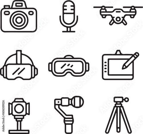 Creative Tech Essentials Icon Pack – Camera, Microphone, Drone, VR Headset, Graphic Tablet, Studio Light, Smartphone Gimbal, and Tripod