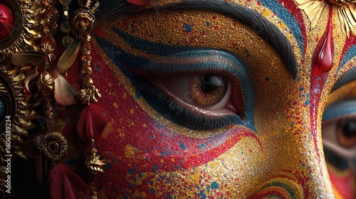 Close up eye detail of durga goddess hinduism hindu festival navaratri dussehra diwali artistic face paint