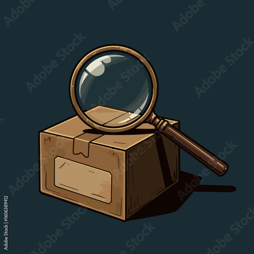Detective-style magnifying glass over labeled box with shadows and textures, vintage noir-inspired flat vector design