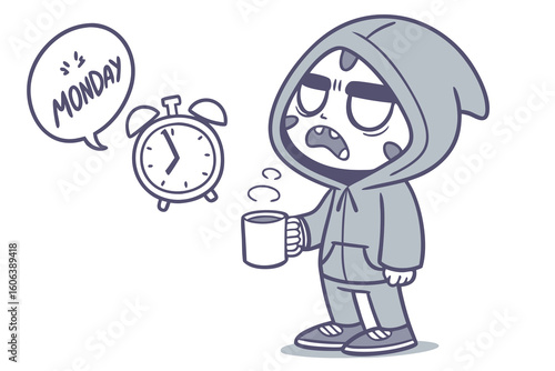 Early morning struggles of a weary person depicted in an adorable cartoon graphic on a bright white background with a monday wake up call