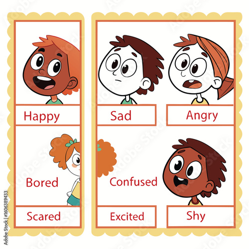 Educational illustration of children expressing various emotions including happy sad angry bored scared confused excited and shy
