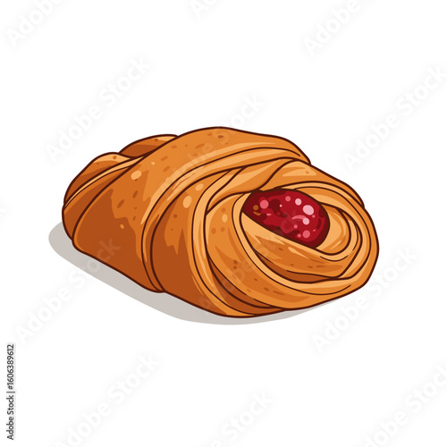 Single Danish pastry with raspberry filling, minimalist vector with soft shadows and simple geometric shapes on clean white background