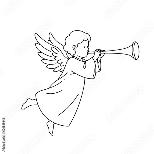 Childlike angel blowing trumpet, outline vector with thin clean stroke and modern linear style on white background