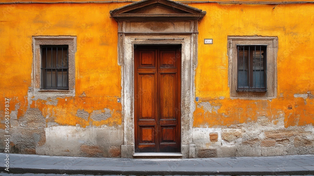 Obraz premium Aged orange facade, wooden door, & windows