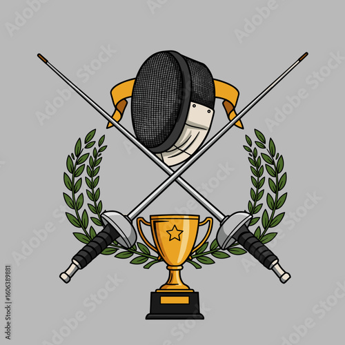 Fencing mask and blade with laurel wreath and trophy elements, flat vector illustration symbolizing victory and competition