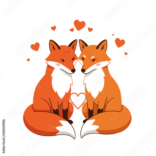 Fox couple sitting closely with tails forming heart, flat vector in warm orange hues, romantic scene on white background