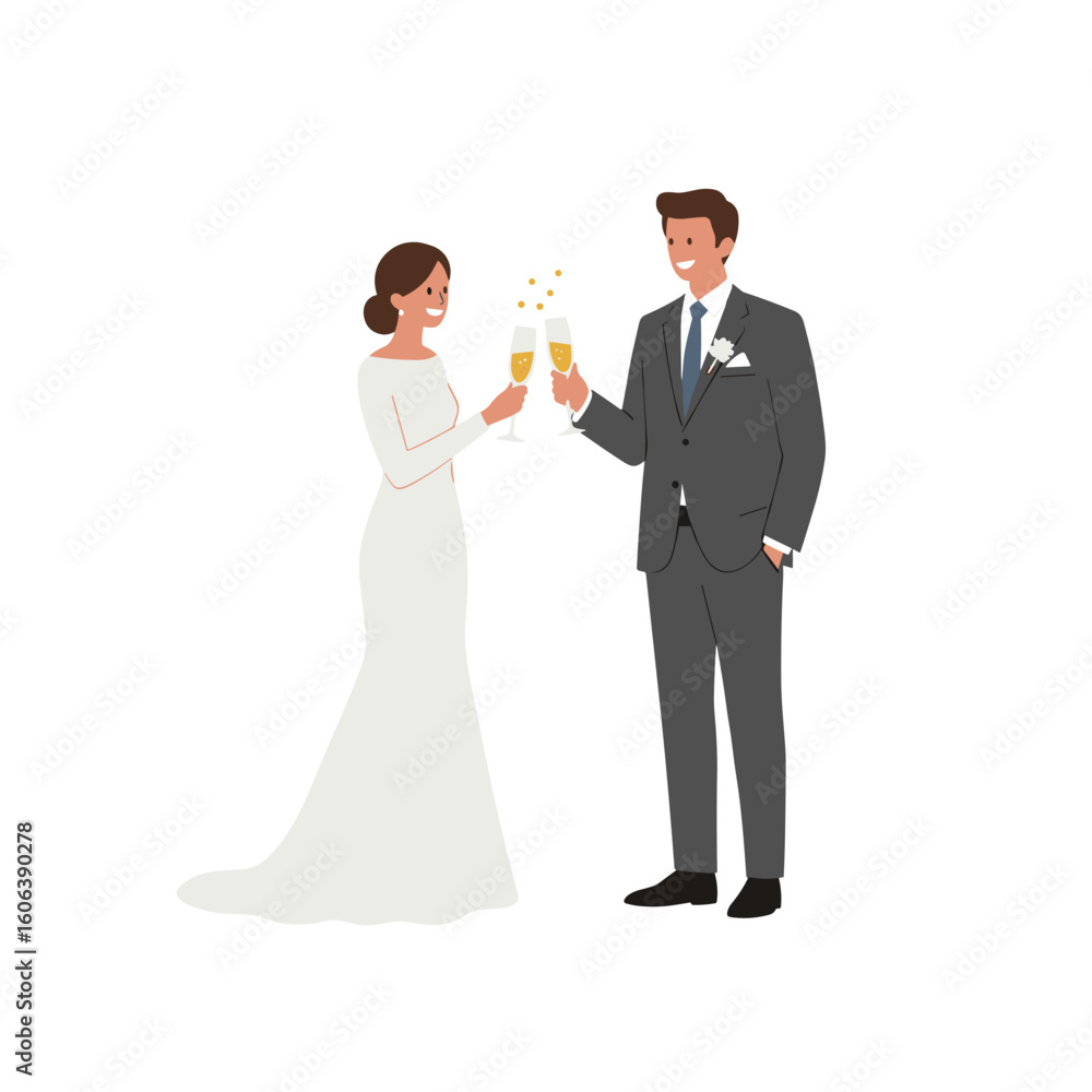 Bride and groom clinking champagne glasses in flat vector style, minimalist wedding attire and elegant composition on white background Bride and groom clinking champagne glasses in flat vector style, minimalist wedding attire and elegant composition on white background