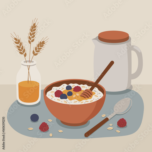 Warm minimalist vector illustration of oat porridge with berries and honey, Scandinavian cozy flat design