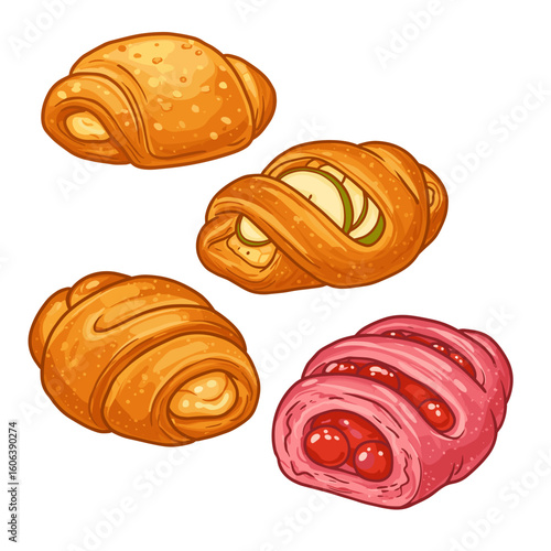 Set of Danish pastry icons in flat vector style, cheese, apple, and cherry varieties, clean and stylized on white background