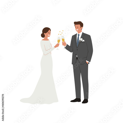 Bride and groom clinking champagne glasses in flat vector style, minimalist wedding attire and elegant composition on white background