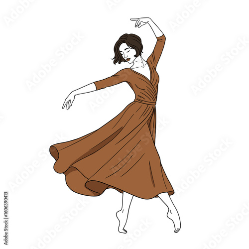Woman dancing barefoot in a flowing dress with graceful energy in minimalist black and white line illustration with warm earth tones on a white background