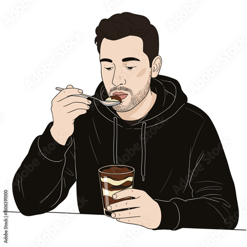 Man savoring tiramisu dessert in minimalist black and white line illustration, spoon lifted with cocoa brown and warm ivory accents on white background