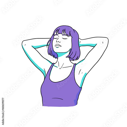 Person in relaxed mood resting with hands behind head and eyes closed in minimalist black and white illustration with bright turquoise and violet accents on white background