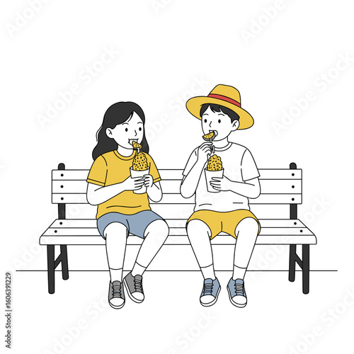 Two kids happily sharing elotes with lime wedges on a street bench, minimalist black and white line illustration with pastel yellow and chili red accents on white background