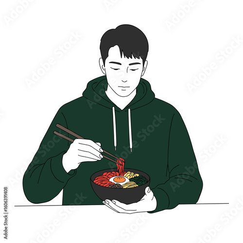 Man arranging bibimbap toppings with chopsticks minimalist black and white vector illustration with warm red and deep green accents on white background 