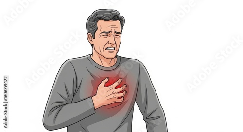 Illustration of Man Experiencing Chest Pain - Heart Attack Symptoms and Medical Condition