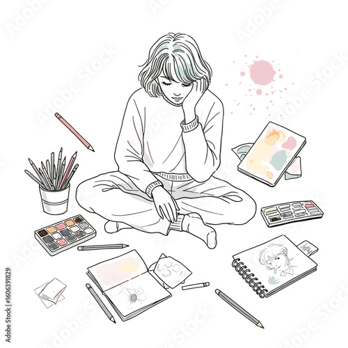 Person sitting on the floor surrounded by art supplies in minimalist black and white line illustration, soft pastel accents on pencils and watercolor splash on sketchpad on white background