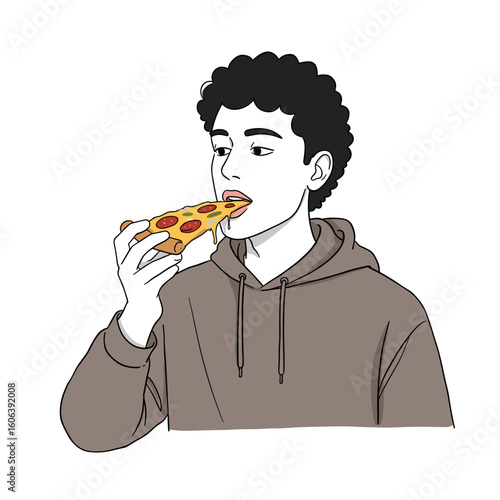 Man eating margherita pizza with cheese stretch in minimalist black and white line illustration, bright red and soft yellow accents on white background