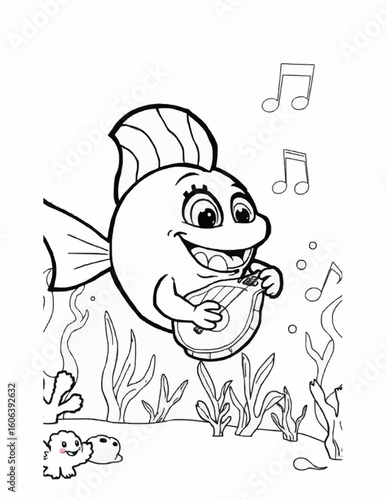 Funny fish playing a stringed instrument, coloring. 