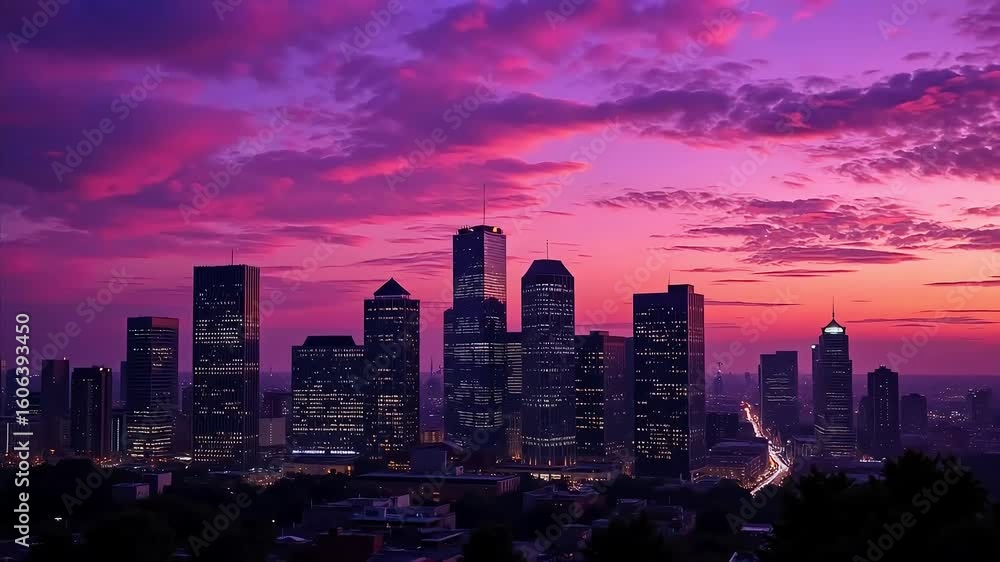 Stunning city skyline glows beneath vibrant sunset sky, perfect for travel or business concepts Stunning city skyline glows beneath vibrant sunset sky, perfect for travel or business concepts