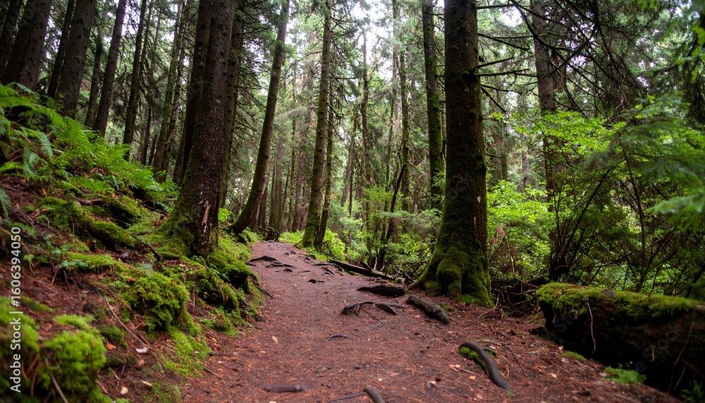 Fototapeta premium Forest path winding through mossy trees trail