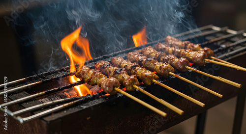 Wallpaper Mural Skewered meat cooking over open flames on a barbecue grill, smoke rising. Torontodigital.ca