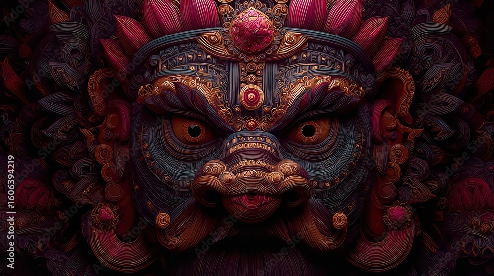 Fototapeta premium Fierce deity mask intricate design dark fantasy art hindu god mythology spiritual artwork ornate details