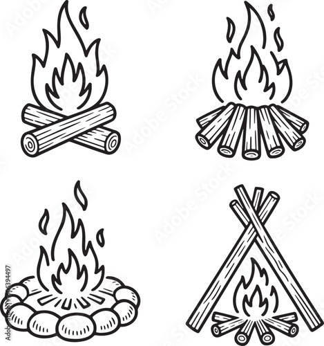 Hand drawn style Campfire silhouette set isolated on transparent background