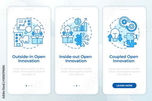 Models of open innovation blue onboarding mobile app screen. RD management. Walkthrough 3 steps editable graphic instructions with linear concepts. UI, UX, GUI. Montserrat SemiBold, Regular fonts used