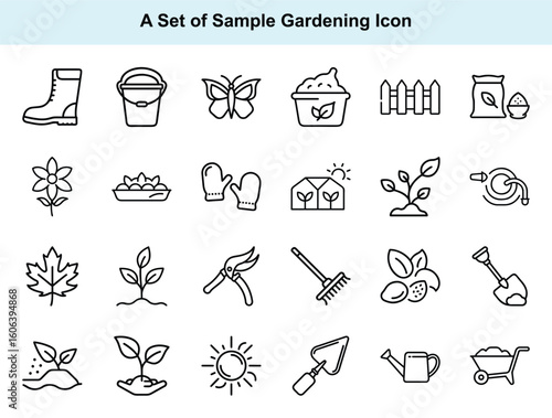 Gardening tools and plants feature in black outlines