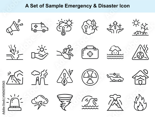 Line drawing shows diverse emergency and disaster symbol set