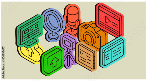 Isometric Vector Icon Set for Content Creators Featuring Camera, Microphone, Tripod, and Upload Interface