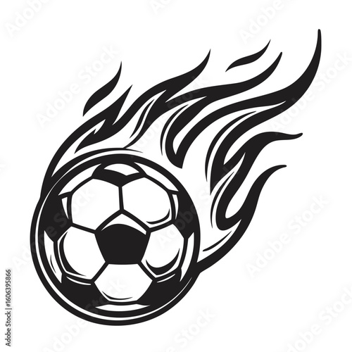 Black and white soccer ball with fiery tribal flames on transparent background football sport