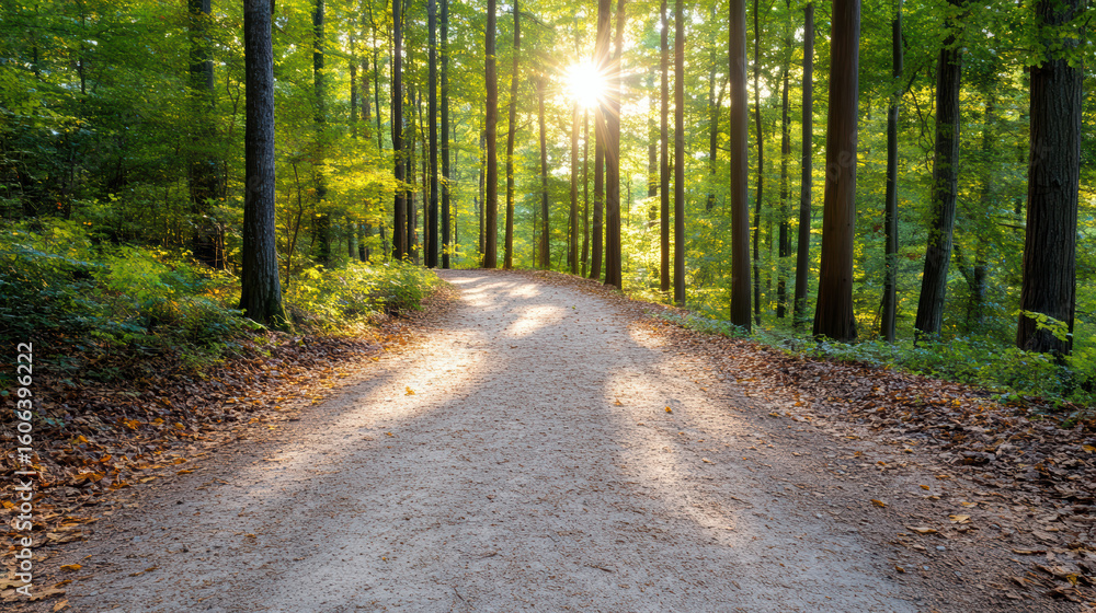Fototapeta premium Serene forest path illuminated by golden sunlight, surrounded by lush greenery and trees