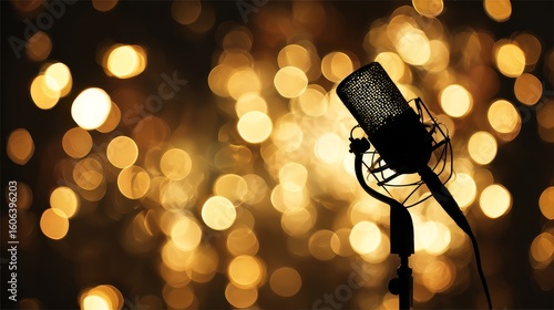 Silhouette of a Female Singer with Microphone on Stage with Golden Bokeh Background, standing on stage in front of a glowing golden bokeh background