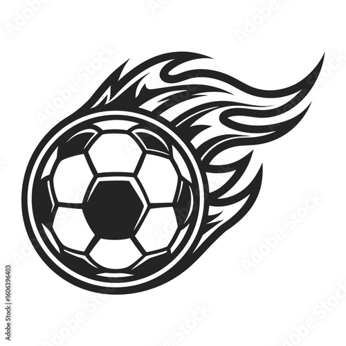 Black soccer ball with fiery tribal flames on white background football sport