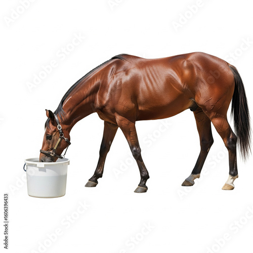 horse drinks water from bucket without background