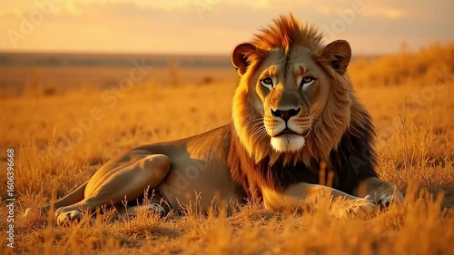 Stunning golden hour video of a majestic lion resting in the savannah at sunset