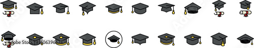 Square Academic Cap Filled Color Icon Bundle. Minimalistic Linear Pictogram for Web and Graphic Design, Apps, Banners, Social Network and Cards